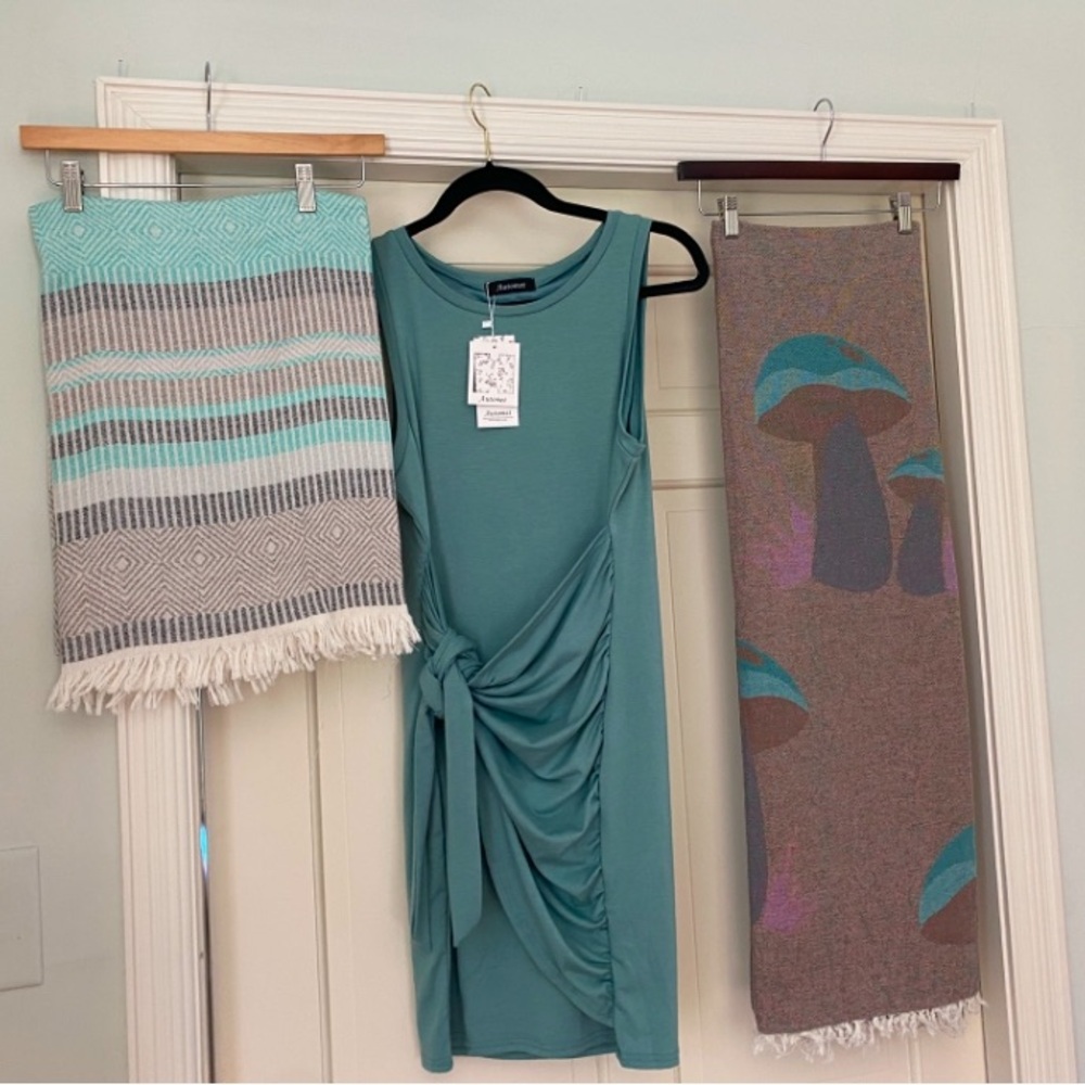 Jet Set Front Side Tie Dress Light Teal Green Medium + Teal Travel Blanket Wrap